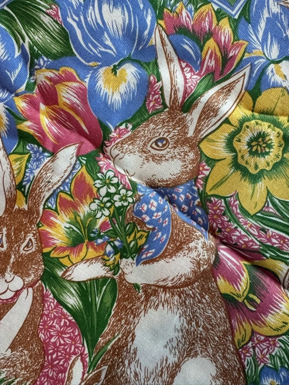 Vintage 90s Easter Bunny Floral Tablecloth Cotton Cottagecore Spring Decor